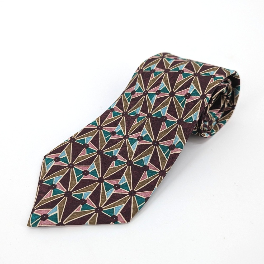 Christian Dior Monsieur Tie‎ Geometric Mosaic Print Burgundy Teal Polyester USA